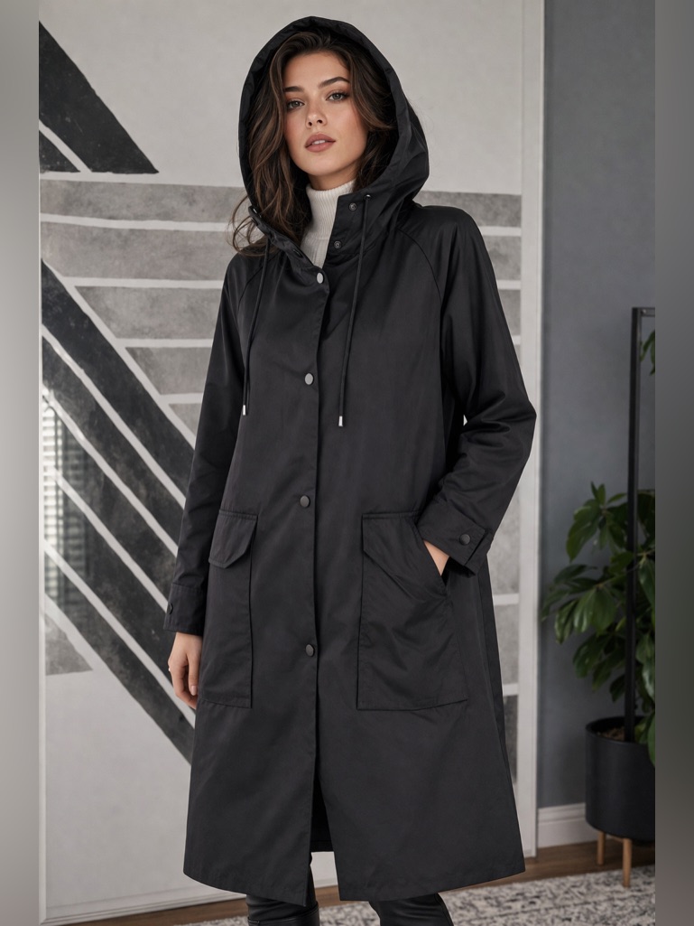 Bernardo Black Hooded Trench Coat Sz Large Nwt
